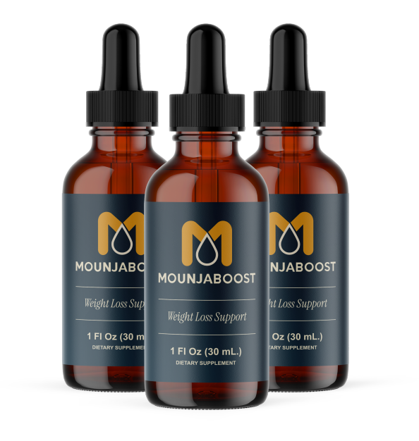 MounjaBoost bottle with botanical ingredients including African mango, cayenne, raspberry, and guarana