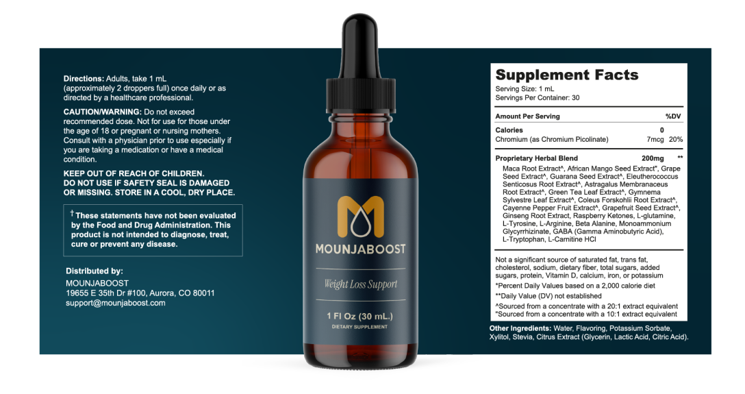 MounjaBoost supplement facts label showing chromium picolinate 7mcg and 200mg proprietary herbal blend with 21 ingredients